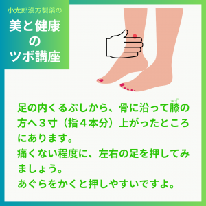 小太郎漢方製薬の美と健康のツボ講座 足の内くるぶしから、骨に沿って膝の方へ３寸（指４本分）上がったところにあります。 痛くない程度に、左右の足を押してみましょう。 あぐらをかくと押しやすいですよ。