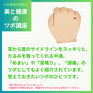 小太郎漢方製薬の美と健康のツボ講座 耳から首のサイドラインをスッキリと、たるみを取ってくれる中渚。 「めまい」や「耳鳴り」、「頭痛」のつぼとしてもよく紹介されています。 覚えておきたいツボのひとつです。