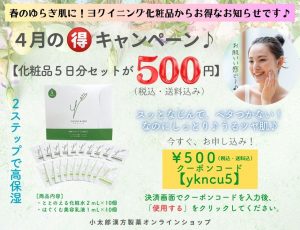 4月のマル得キャンペーン 基礎化粧品５日分セット 【商品内容】ととのえる化粧水２ｍL×１０包　はぐくむ美容乳液１ｍL×１０包 ￥500　クーポンコード【ykncu5】 決済画面でクーポンコードを入力後、「使用する」をクリックしてください。