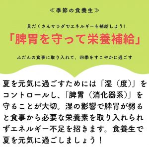 季節の食養生　具だくさんサラダでエネルギーを補給しよう！「脾胃を守って栄養補給」ふだんの食事に取り入れて、四季をすこやかに過ごす 夏を元気に過ごすためには「湿（度）」をコントロールし、「脾胃（消火器系）」を守ることが大切。湿の影響で脾胃を弱ると食事から必要な栄養素を取り入れられずエネルギー不足を招きます。食養生で夏を元気に過ごしましょう。