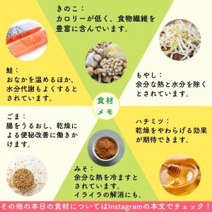 食材メモ：きのこ：カロリーが低く、食物繊維を豊富に含んでいます。 もやし：余分な熱と水分を除くとされています。 ハチミツ：乾燥をやわらげる効果が期待できます。 みそ：余分な熱を冷ますととされています。イライラの解消にも。 ごま：腸をうるおし。乾燥による便秘改善に働きかけます。 鮭：おなかを温めるほか、水分代謝もよくするとされています。