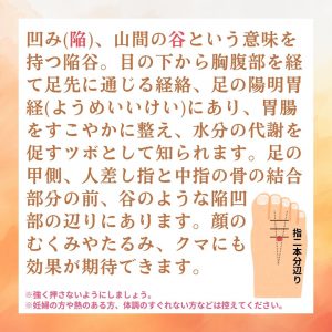 凹み（陥）、山間の谷という意味を持つ陥谷。目の下から胸腹部を経て足先に通じる経絡、足の陽明胃経（ようめいいけい）にあり、胃腸をすこやかに整え、水分の代謝を促すツボとして知られてます。足の甲側、人差し指と中指の骨の結合部分の前、谷のような陥凹部の辺りにあります。顔のむくみやたるみ、クマにも効果が期待できます。 ＊つよくおさないようにしましょう。 ＊妊婦の方や熱のある方、体調のすぐれない方などはひかえてください。