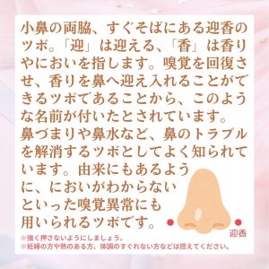 小鼻の両脇、すぐそばにある迎香のツボ。「迎」は迎える、「香」は香りやにおいを指します。嗅覚を回復させ、香りを鼻へ迎え入れることができるツボであることから、このような名前が付いたとされています。鼻づまりや鼻水など、鼻のトラブルを解消するツボとしてよく知られています。においがわからないといった嗅覚異常にも用いられるツボです。 ＊強く押さないようにしましょう。 ＊妊婦の方や熱のある方、体調のすぐれない方などは控えてください。 迎香