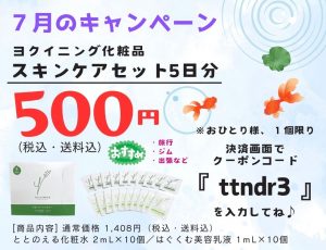 ７月のキャンペーン♪ 化粧品５日分セットが５００円（税込・送料込） クーポンコード【 ttndr3】 簡単２ステップで高保湿 ヨクイニング化粧品は①パラベンフリー ②アルコールフリー③合成香料フリー ④合成着色料フリー [商品内容] ・ととのえる化粧水２ｍL×１０個 ・はぐくむ美容乳液１ｍL×１０個 今すぐ、お申し込み！ 決済画面でクーポンコードを入力後、 「使用する」をクリックしてください。