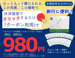 9月のキャンペーン♪ヨクイニング スキンケアセット５日分セットが980円（税込・送料込） ＊おひとり様、1個限り おすすめ　旅行　ジム　出張 今すぐ、お申し込み！ 決済画面にあるクーポンを利用するのボタンを押すだけ ＊他のクーポンとの併用不可 [商品内容] ・ととのえる化粧水２ｍL×１０個 ・はぐくむ美容乳液１ｍL×１０個